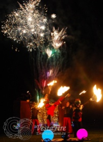 Fire show finale act with Pyrotechnics fireworks